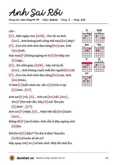 Hợp âm Anh Sai Rồi (Sơn Tùng M-TP) – bản nhạc PDF trang 1, tông C
