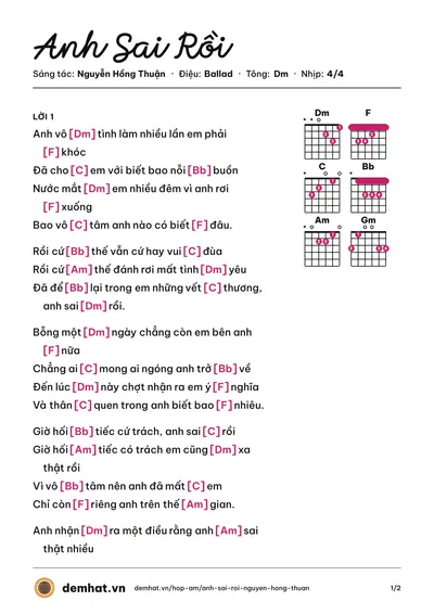 Hợp âm Anh Sai Rồi (Cao Thái Sơn) – bản nhạc PDF trang 1, tông Dm