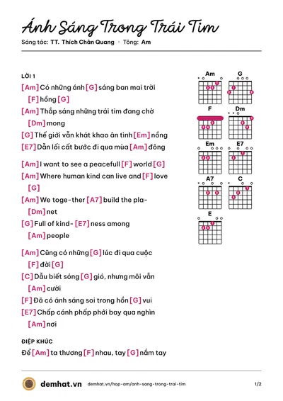 Hợp âm Ánh Sáng Trong Trái Tim (Thanh Hưng) – bản nhạc PDF trang 1, tông Am