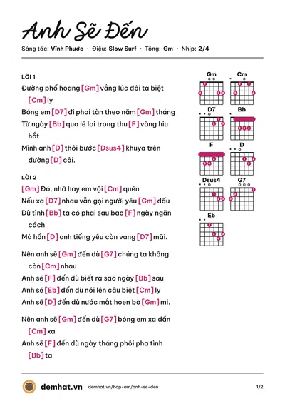 Hợp âm Anh Sẽ Đến (Quang Dũng) – bản nhạc PDF trang 1, tông Gm