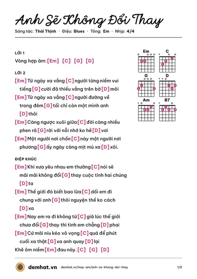 Hợp âm Anh Sẽ Không Đổi Thay (Tuấn Hưng) – bản nhạc PDF trang 1, tông Em