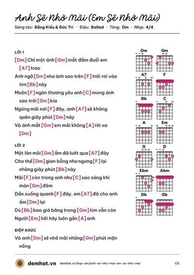 Hợp âm Anh Sẽ Nhớ Mãi (Em Sẽ Nhớ Mãi) (Bằng Kiều) – bản nhạc PDF trang 1, tông Dm