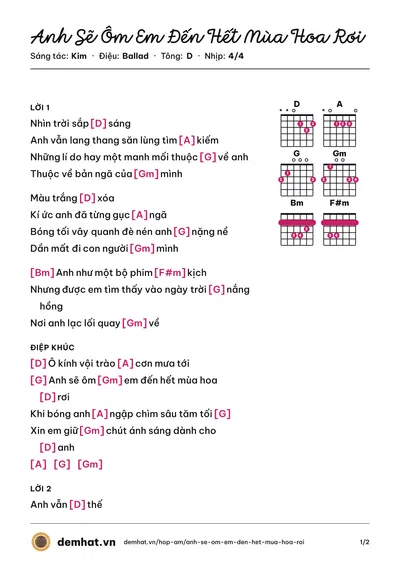 Hợp âm Anh Sẽ Ôm Em Đến Hết Mùa Hoa Rơi (Kim) – bản nhạc PDF trang 1, tông D