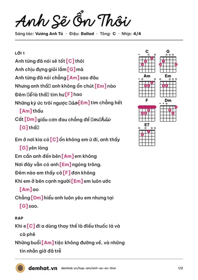Hợp âm Anh Sẽ Ổn Thôi (Vương Anh Tú) – bản nhạc PDF trang 1, tông C