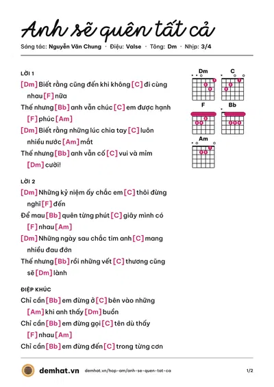 Hợp âm Anh sẽ quên tất cả (Nguyễn Văn Chung) – bản nhạc PDF trang 1, tông Dm