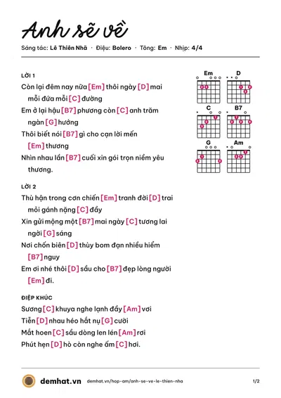 Hợp âm Anh sẽ về (Đức Hạnh) – bản nhạc PDF trang 1, tông Em