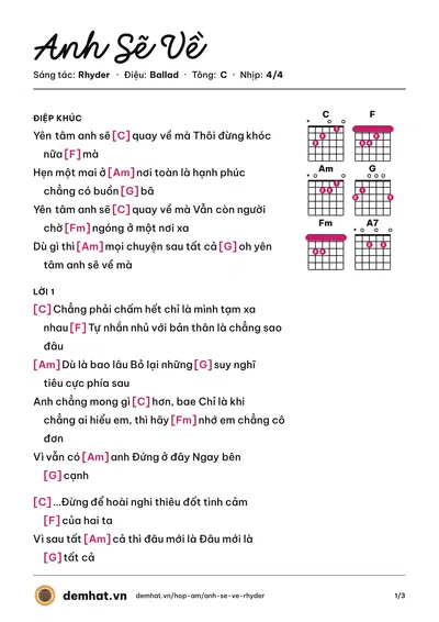 Hợp âm Anh Sẽ Về (Rhyder) – bản nhạc PDF trang 1, tông C