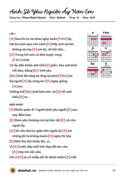 Hợp âm Anh Sẽ Yêu Người Ấy Hơn Em (Phạm Mạnh Quỳnh) – bản nhạc PDF trang 1, tông A