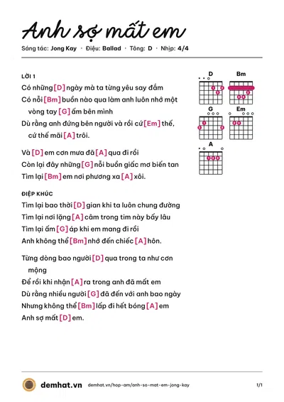 Hợp âm Anh sợ mất em (365 Daband) – bản nhạc PDF trang 1, tông D