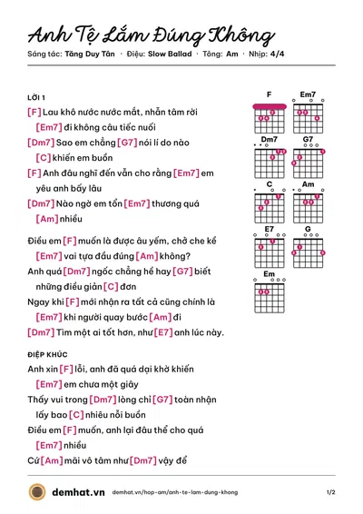 Hợp âm Anh Tệ Lắm Đúng Không (Tăng Duy Tân) – bản nhạc PDF trang 1, tông Am