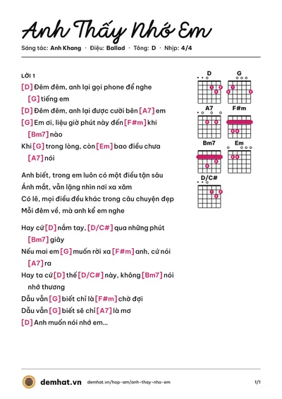 Hợp âm Anh Thấy Nhớ Em (Anh Khang) – bản nhạc PDF trang 1, tông D