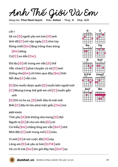 Hợp âm Anh Thế Giới Và Em (Hương Tràm) – bản nhạc PDF trang 1, tông G
