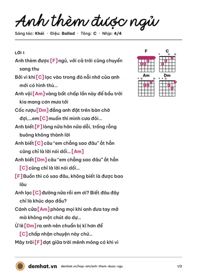 Hợp âm Anh thèm được ngủ (Khói) – bản nhạc PDF trang 1, tông C