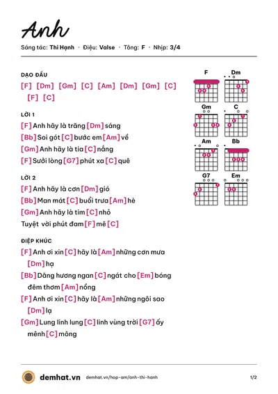 Hợp âm Anh (Mây Tím) – bản nhạc PDF trang 1, tông F
