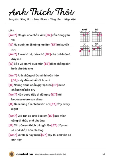 Hợp âm Anh Thích Thôi (Sáng Mơ) – bản nhạc PDF trang 1, tông Em