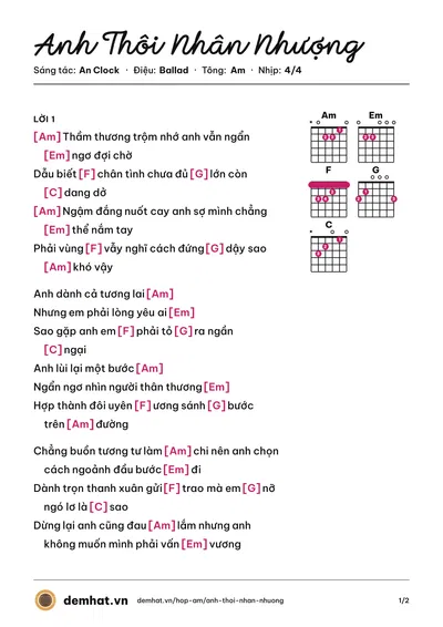 Hợp âm Anh Thôi Nhân Nhượng (An Clock) – bản nhạc PDF trang 1, tông Am