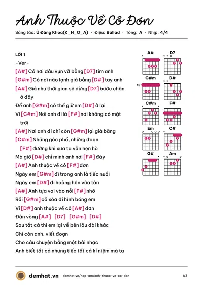 Hợp âm Anh Thuộc Về Cô Đơn (Đăng Khoa) – bản nhạc PDF trang 1, tông A