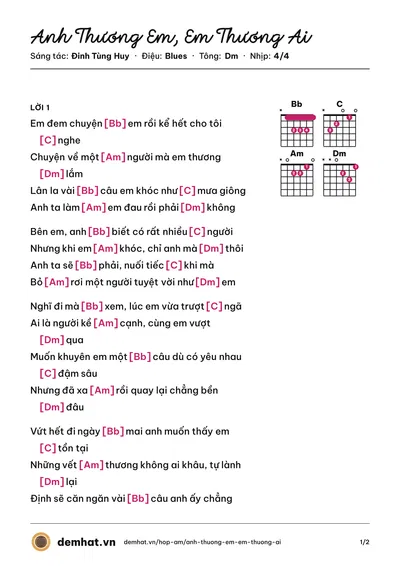 Hợp âm Anh Thương Em, Em Thương Ai (Đinh Tùng Huy) – bản nhạc PDF trang 1, tông Dm