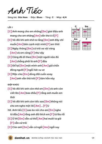 Hợp âm Anh Tiếc (Đức Nam) – bản nhạc PDF trang 1, tông C