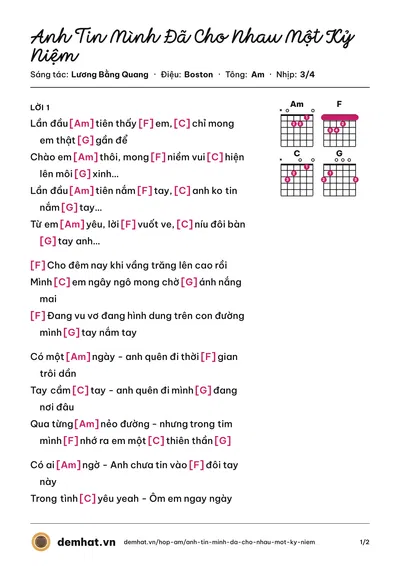 Hợp âm Anh Tin Mình Đã Cho Nhau Một Kỷ Niệm (Thu Thủy) – bản nhạc PDF trang 1, tông Am