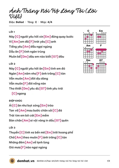 Hợp âm Ánh Trăng Nói Hộ Lòng Tôi (Lời Việt) (Hạ Vy) – bản nhạc PDF trang 1, tông C