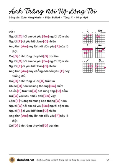 Hợp âm Ánh Trăng Nói Hộ Lòng Tôi (Xuân Hùng Music) – bản nhạc PDF trang 1, tông C