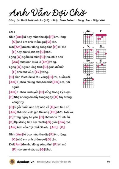 Hợp âm Anh Vẫn Đợi Chờ (Đan Trường) – bản nhạc PDF trang 1, tông Am
