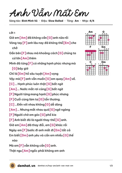 Hợp âm Anh Vẫn Mất Em (Mr.Siro) – bản nhạc PDF trang 1, tông Am