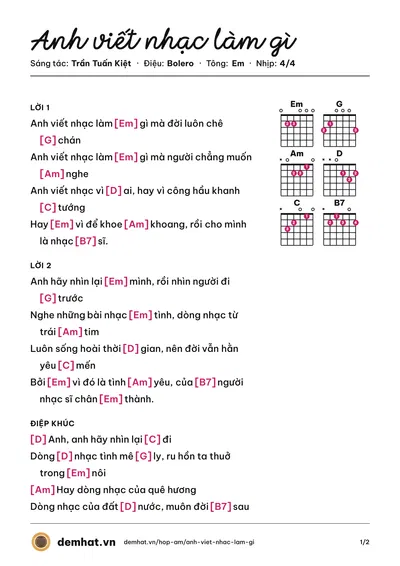Hợp âm Anh viết nhạc làm gì (Trần Tuấn Kiệt) – bản nhạc PDF trang 1, tông Em
