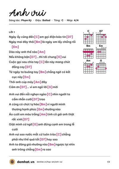 Hợp âm Anh vui (Phạm Kỳ) – bản nhạc PDF trang 1, tông C