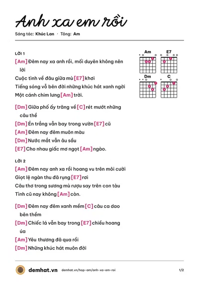 Hợp âm Anh xa em rồi (Khúc Lan) – bản nhạc PDF trang 1, tông Am