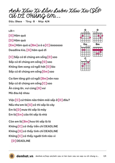 Hợp âm Anh Xấu Xí Lẫn Luôn Xấu Xa (SẾP CỨ DÍ CHÚNG EM SỐNG SAO?) (Hau Hoang) – bản nhạc PDF trang 1, tông G