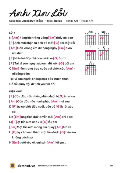 Hợp âm Anh Xin Lỗi (Minh Vương) – bản nhạc PDF trang 1, tông Am