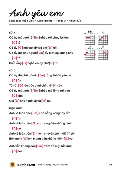 Hợp âm Anh yêu em (Khắc Việt) – bản nhạc PDF trang 1, tông G