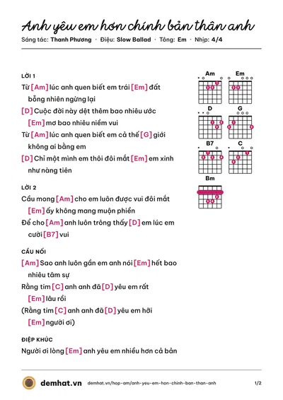 Hợp âm Anh yêu em hơn chính bản thân anh (Thanh Phương) – bản nhạc PDF trang 1, tông Em