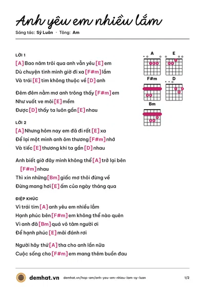 Hợp âm Anh yêu em nhiều lắm (Sỹ Luân) – bản nhạc PDF trang 1, tông Am