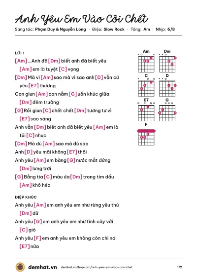 Hợp âm Anh Yêu Em Vào Cõi Chết (Elvis Phương) – bản nhạc PDF trang 1, tông Am