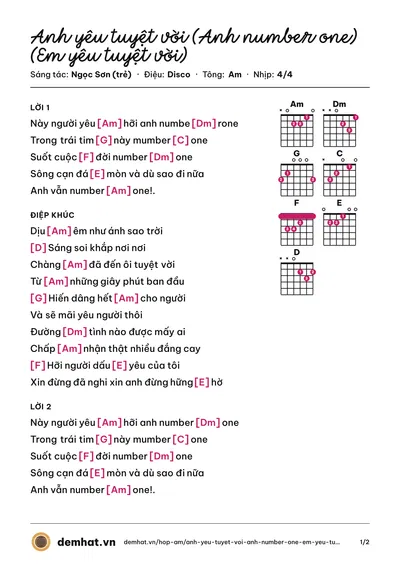 Hợp âm Anh yêu tuyệt vời (Anh number one) (Em yêu tuyệt vời) (Ngọc Sơn) – bản nhạc PDF trang 1, tông Am