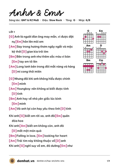 Hợp âm Anhs & Ems (QNT) – bản nhạc PDF trang 1, tông G