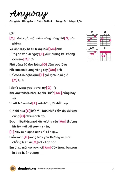 Hợp âm Anyway (Juun Đăng Dũng) – bản nhạc PDF trang 1, tông C