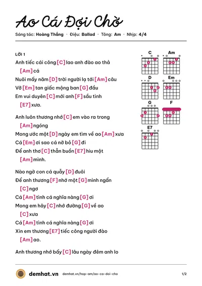 Hợp âm Ao Cá Đợi Chờ (Dương Ngọc Thái) – bản nhạc PDF trang 1, tông Am