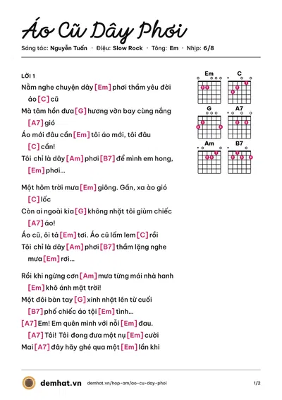 Hợp âm Áo Cũ Dây Phơi (Ngọt) – bản nhạc PDF trang 1, tông Em