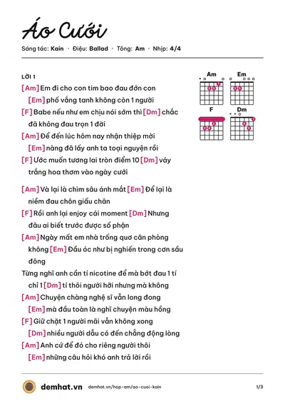 Hợp âm Áo Cưới (Kain) – bản nhạc PDF trang 1, tông Am