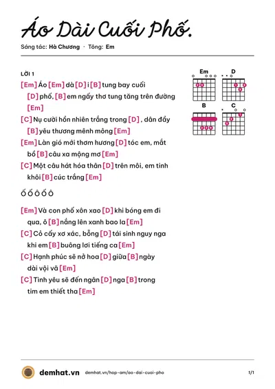 Hợp âm Áo Dài Cuối Phố. (Hà Chương) – bản nhạc PDF trang 1, tông Em