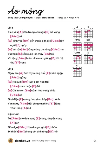 Hợp âm Ảo mộng (Quang Huỳnh) – bản nhạc PDF trang 1, tông A
