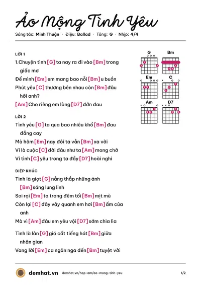 Hợp âm Ảo Mộng Tình Yêu (Cẩm Ly) – bản nhạc PDF trang 1, tông G