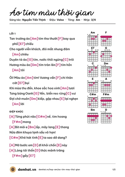 Hợp âm Áo tím màu thời gian (Quang Huyền) – bản nhạc PDF trang 1, tông Am