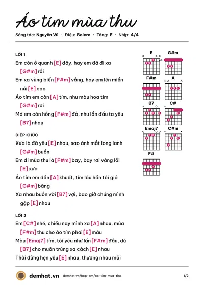 Hợp âm Áo tím mùa thu (Thái Châu) – bản nhạc PDF trang 1, tông E