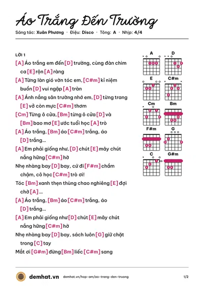 Hợp âm Áo Trắng Đến Trường (Phượng Linh) – bản nhạc PDF trang 1, tông A