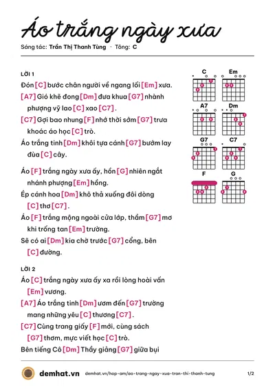 Hợp âm Áo trắng ngày xưa (Diệu Hiền) – bản nhạc PDF trang 1, tông C